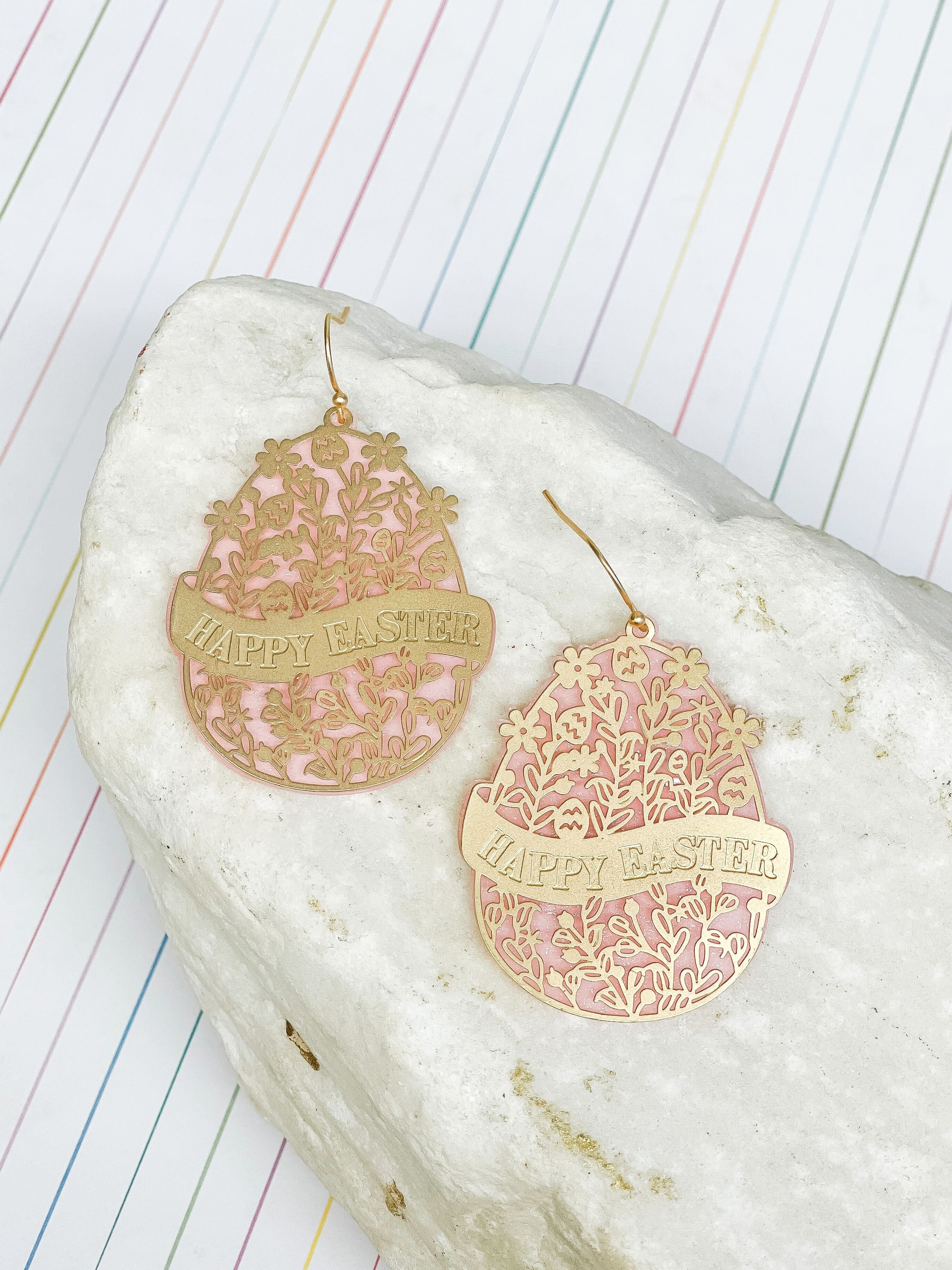 Blooming Floral 'Happy Easter' Egg Dangle Earrings - Gold
