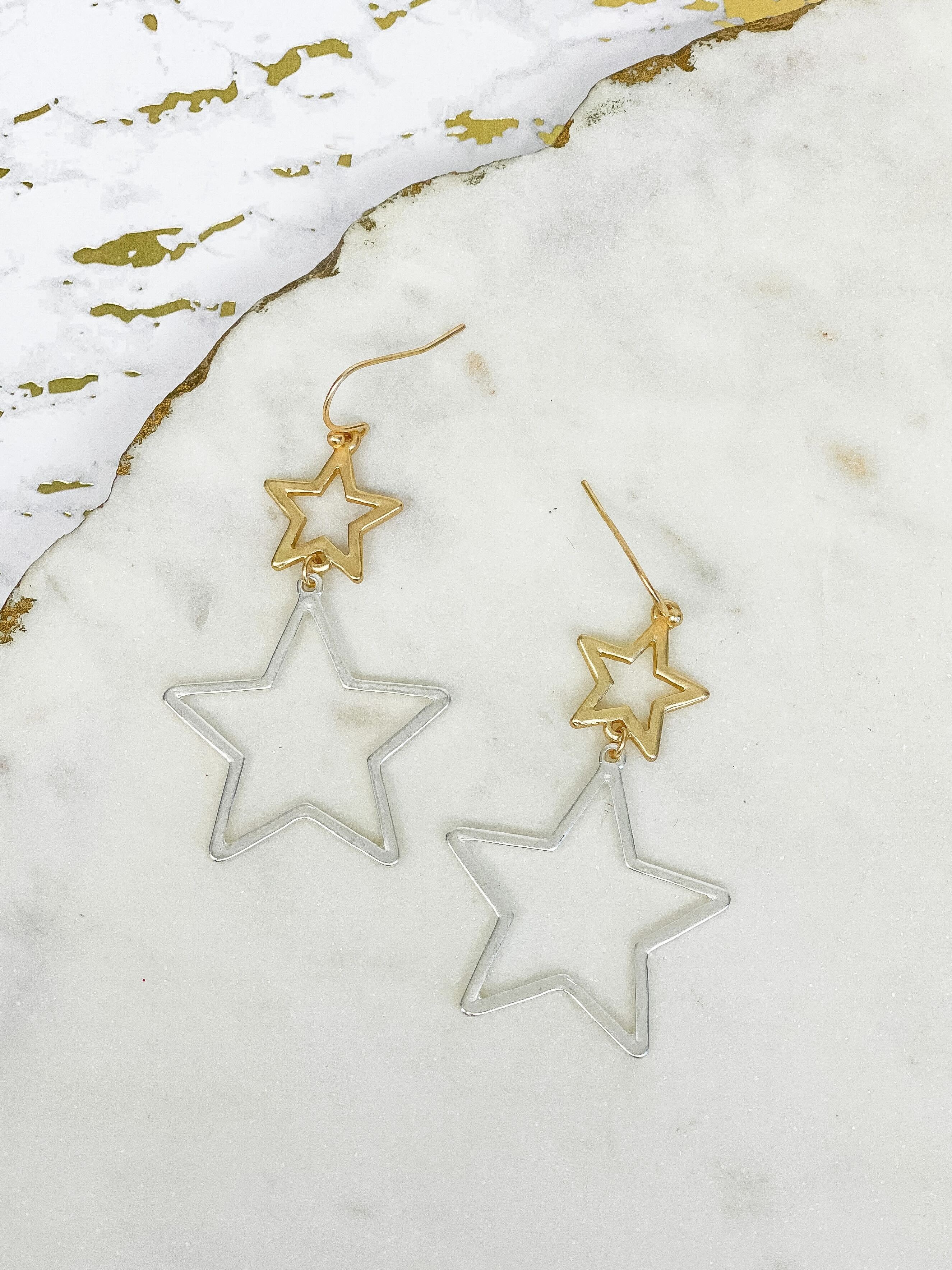 Two-Tone Linked Star Dangle Earrings