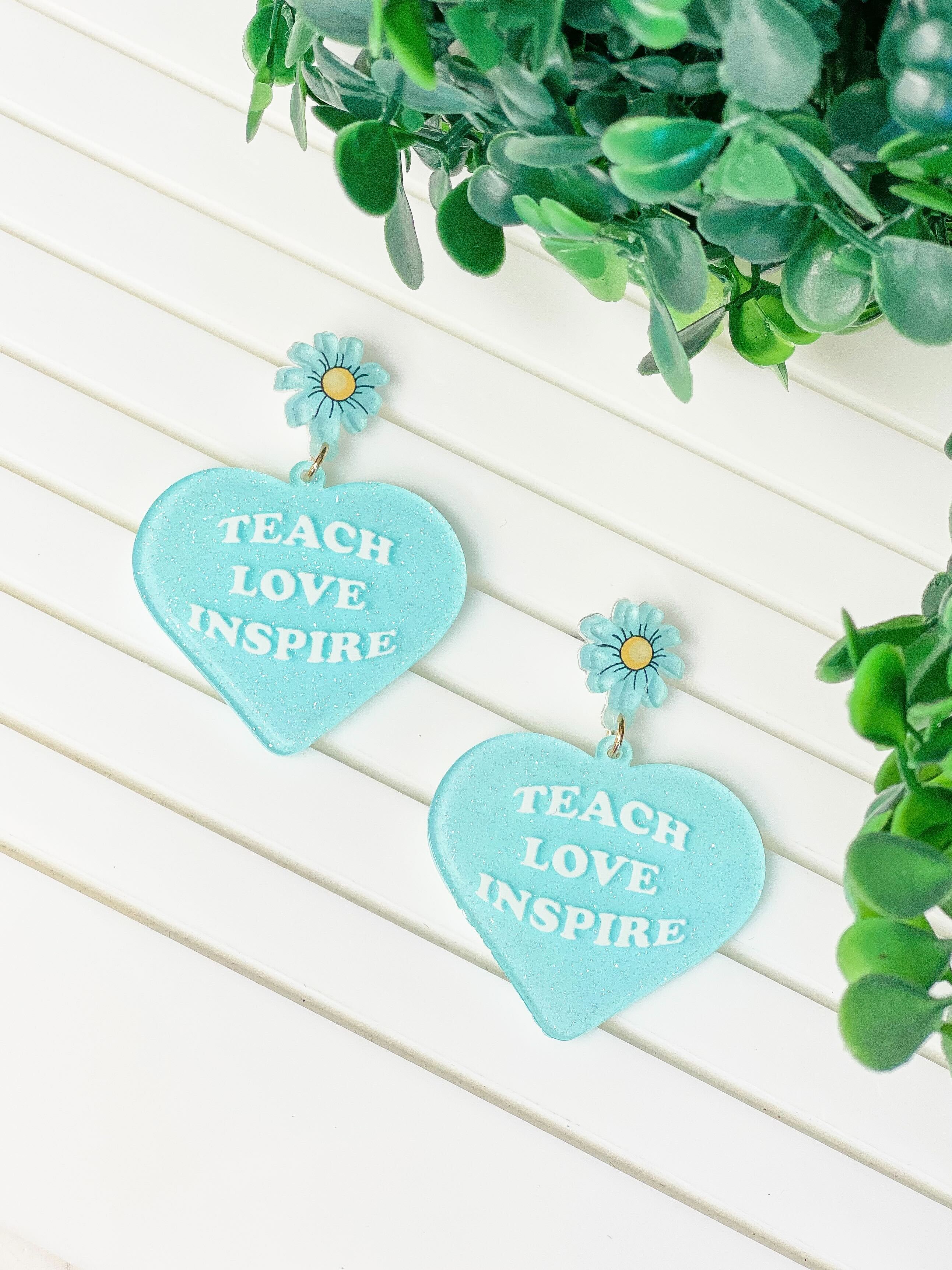 'Teach Love Inspire' Heart Dangle Earrings - Blue