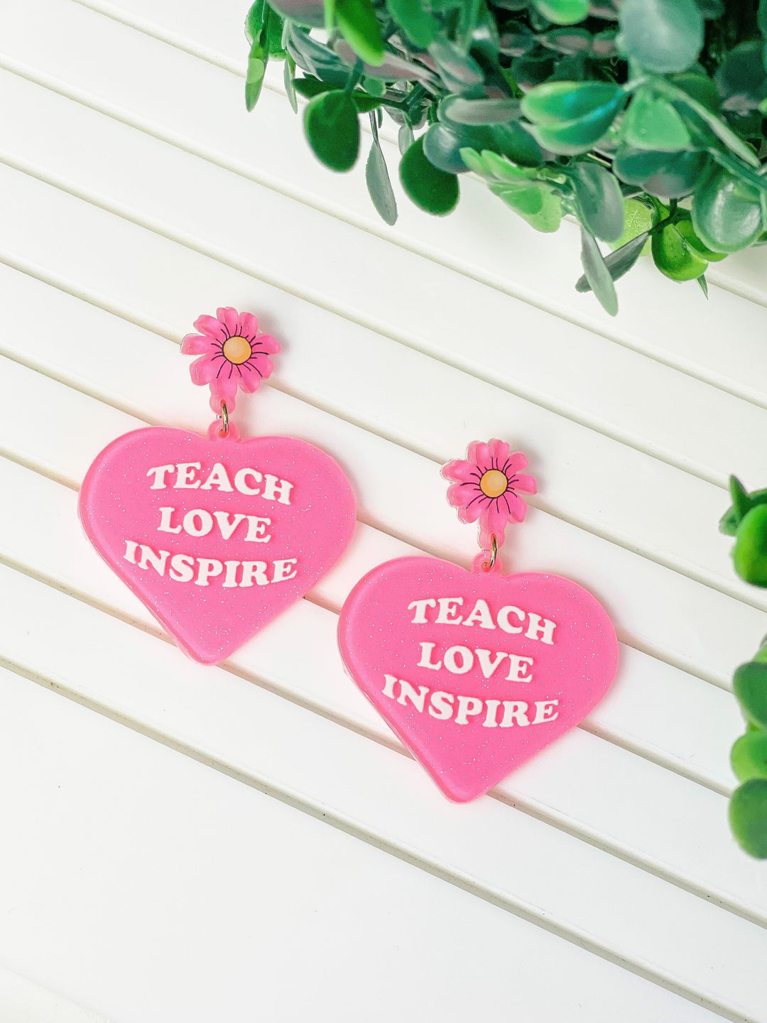 'Teach Love Inspire' Heart Dangle Earrings - Pink