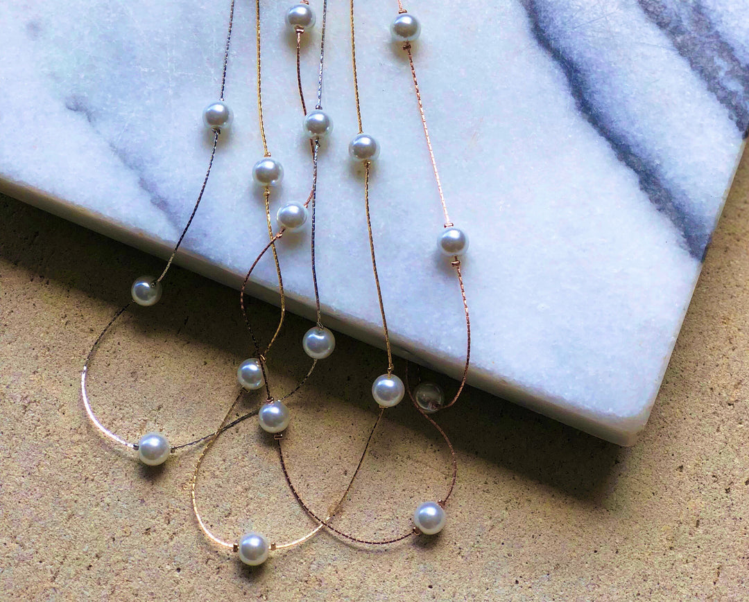 Pearl Station Long Necklace in Silver, Gold, Rose Gold
