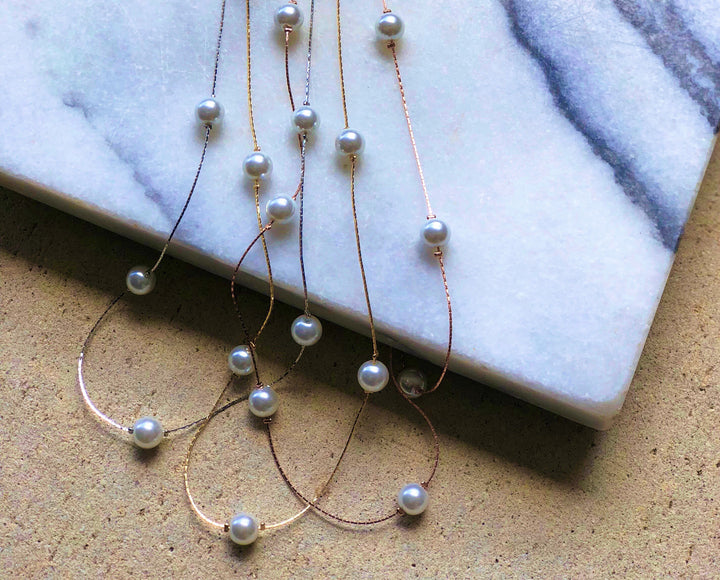 Pearl Station Long Necklace in Silver, Gold, Rose Gold