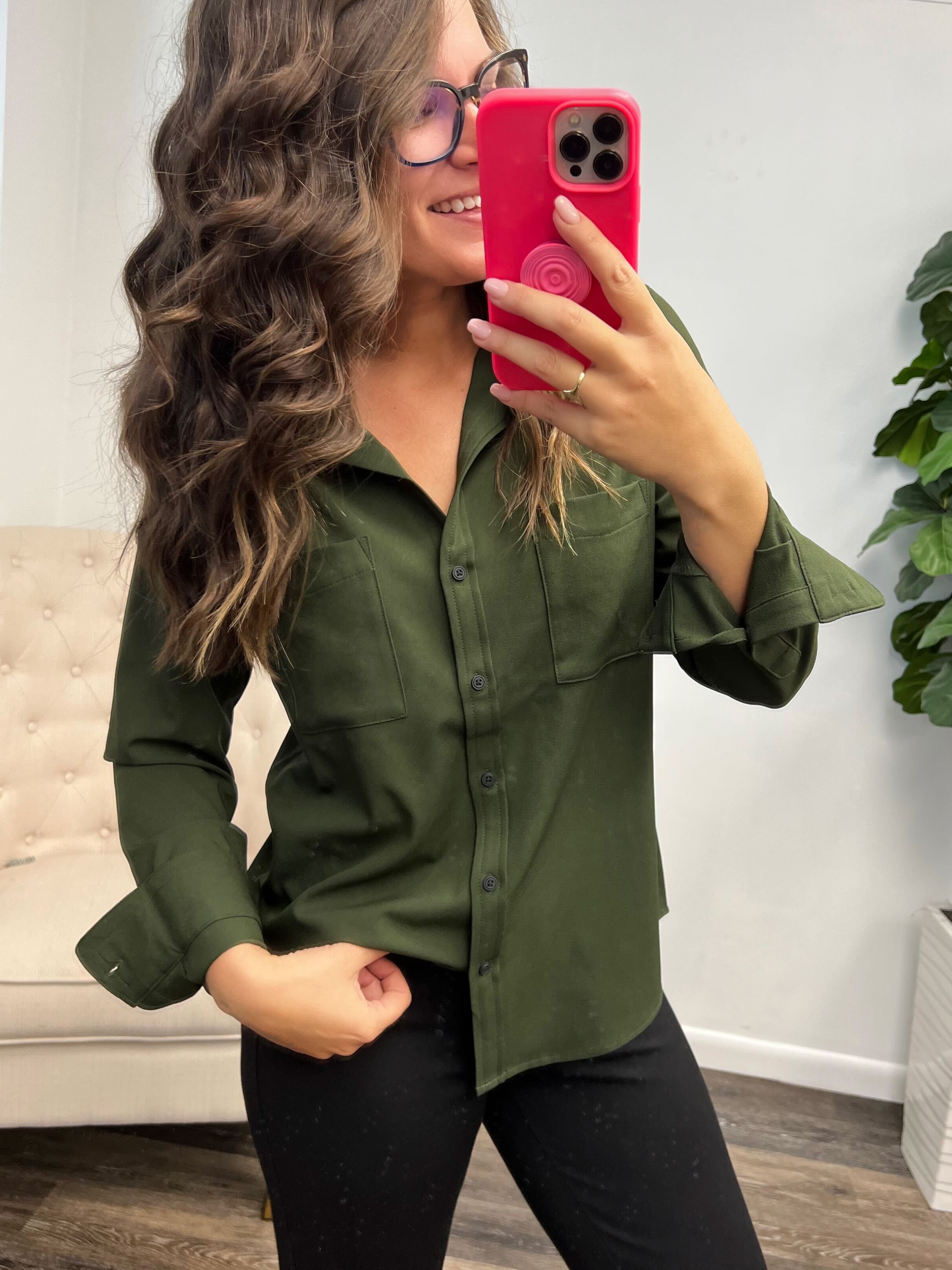 Monique Button Up Long Sleeve Blouse - Townsend Green (Ships in 1-2 Weeks)
