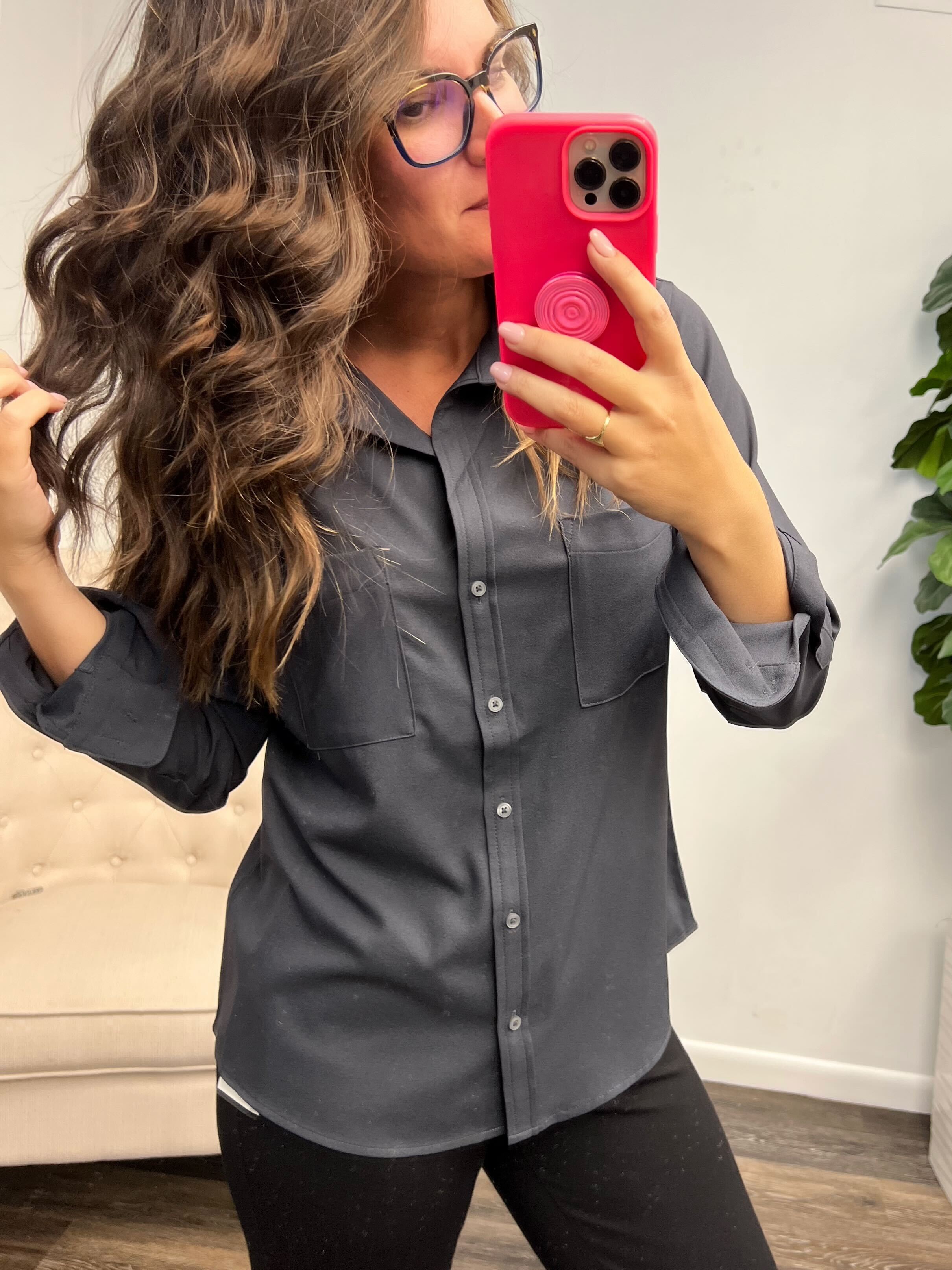 Monique Button Up Long Sleeve Blouse - Anchor Grey (Ships in 1-2 Weeks)