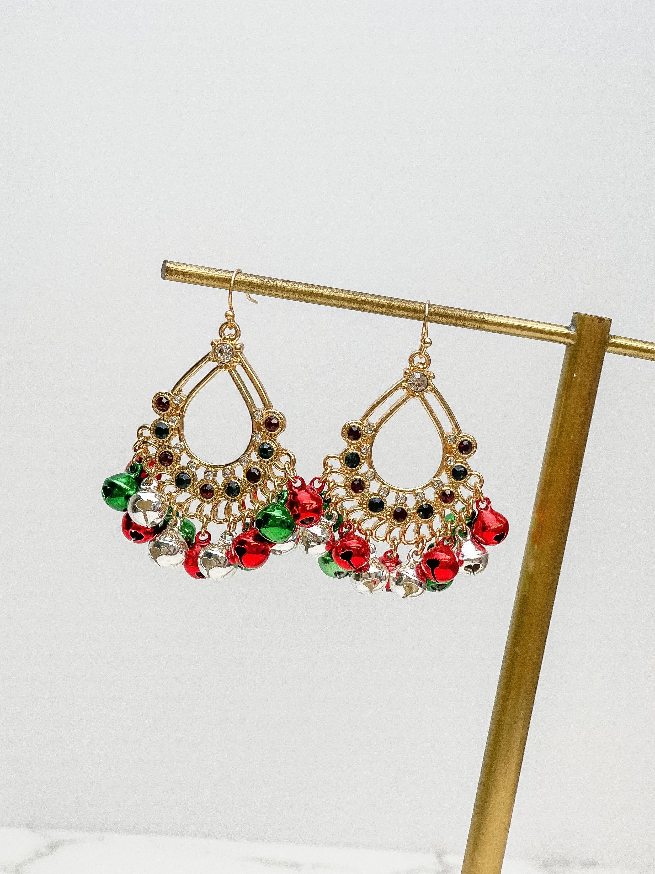 Glitzy Jingle Bell Statement Earrings - Red & Green