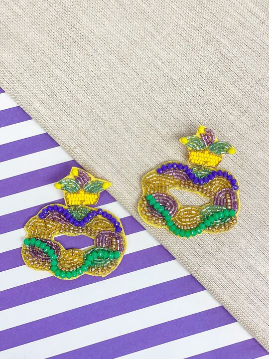 Mardi Gras King Cake Beaded Dangle Earrings