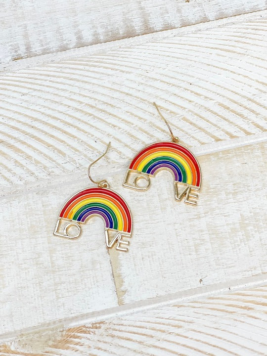 'LOVE' Enamel Rainbow Dangle Earrings