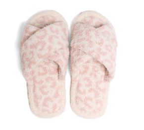 Leopard Criss Cross Fuzzy Slippers - Pink