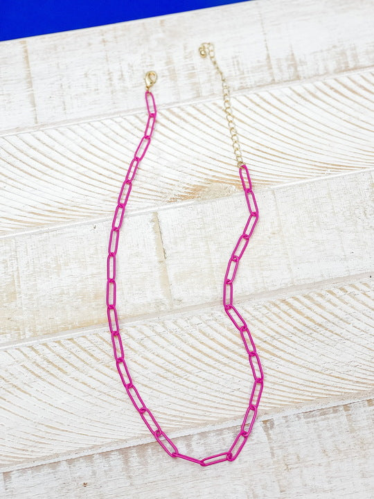 Enamel Paperclip Chain Necklace - Pink