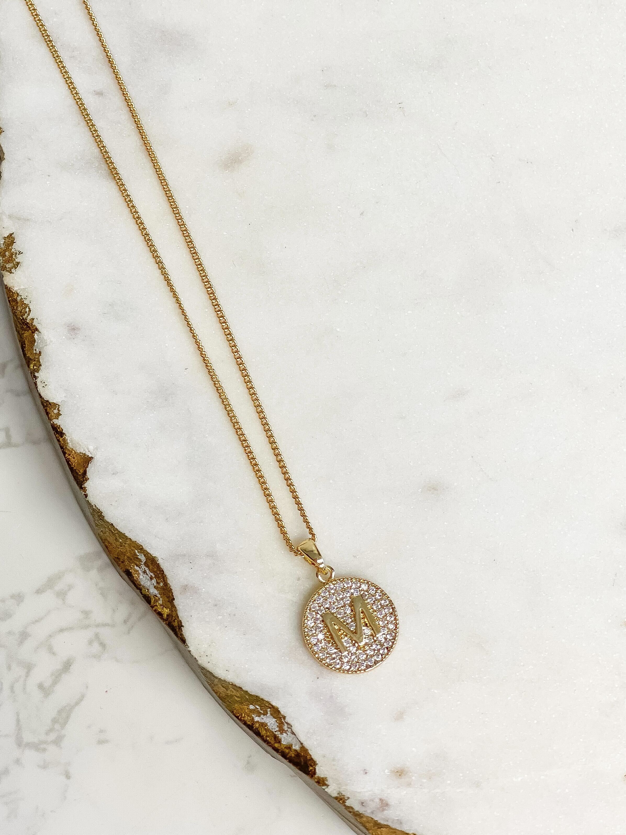 Cubic Zirconia Initial Disc Pendant Necklaces - Gold