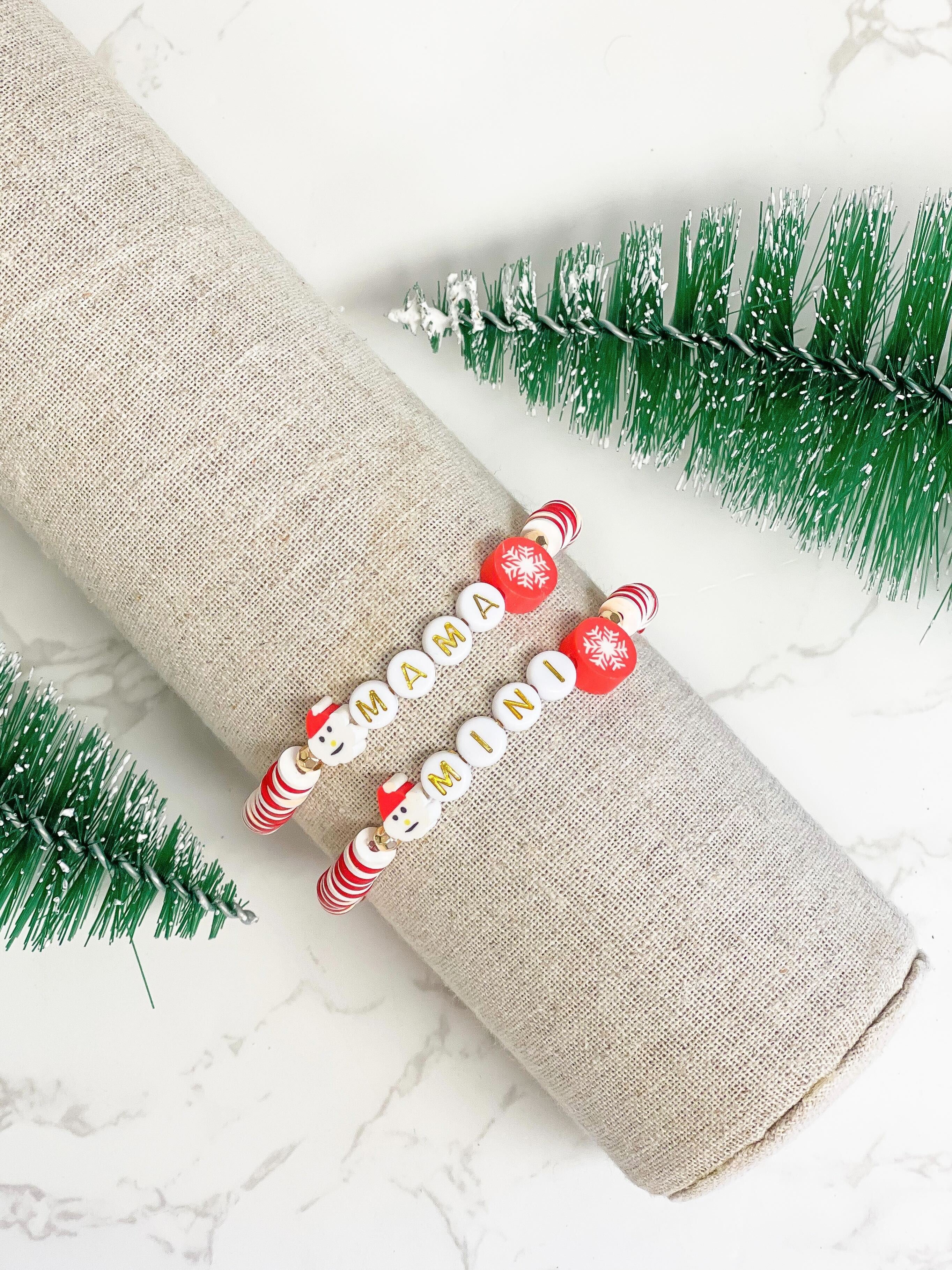 Christmas Mama + Mini Stretch Bracelet Set - Red & White