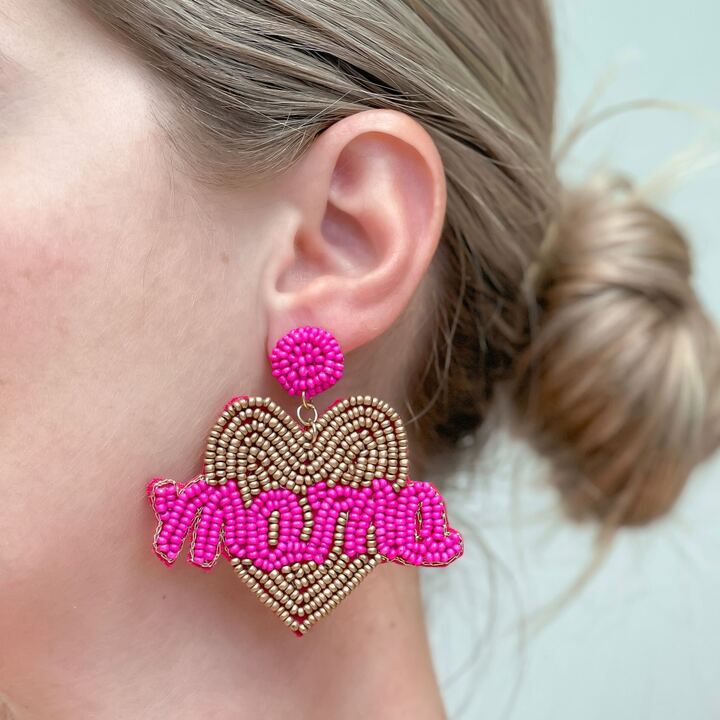 Mama Heart Beaded Dangle Earrings - Pink