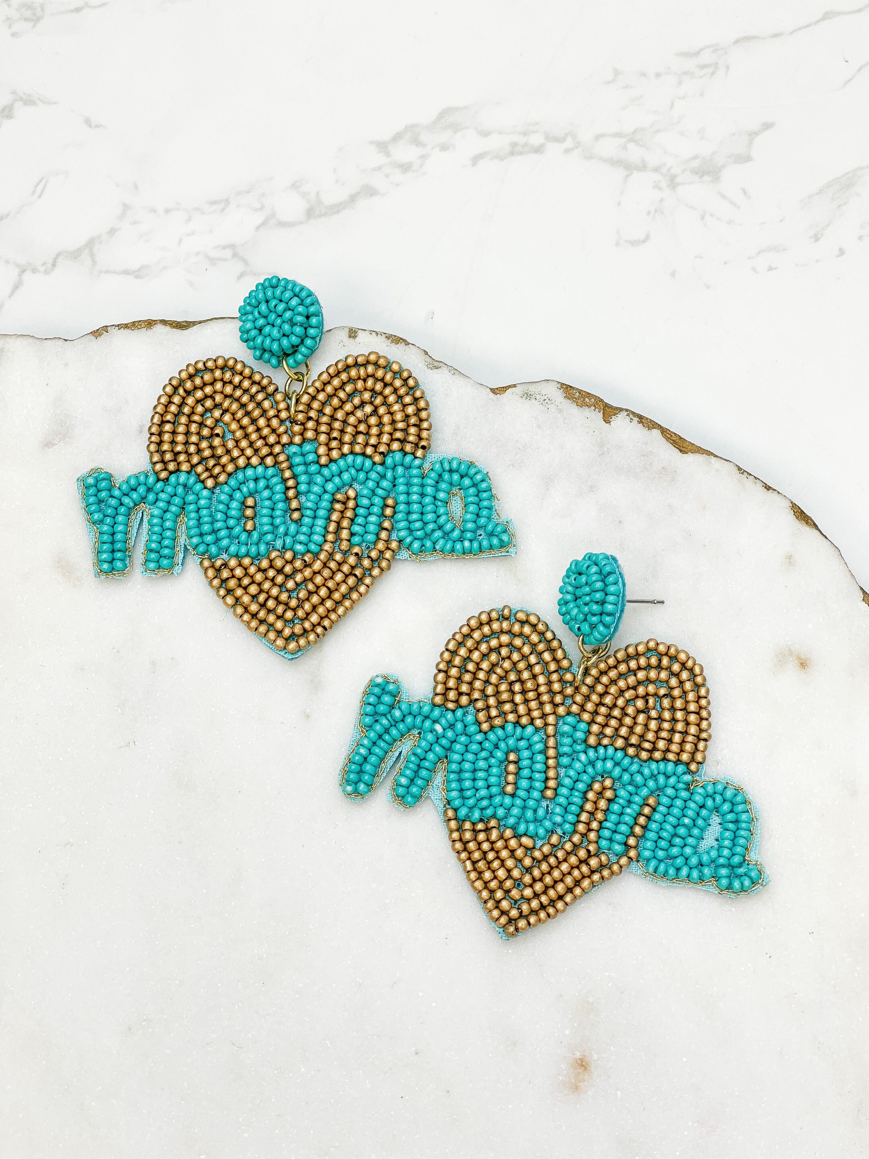 Mama Heart Beaded Dangle Earrings - Turquoise