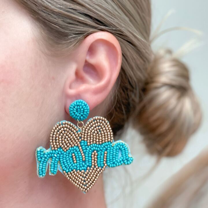 Mama Heart Beaded Dangle Earrings - Turquoise