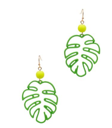 Monstera Color-Coated Outline Dangle Earrings - Green