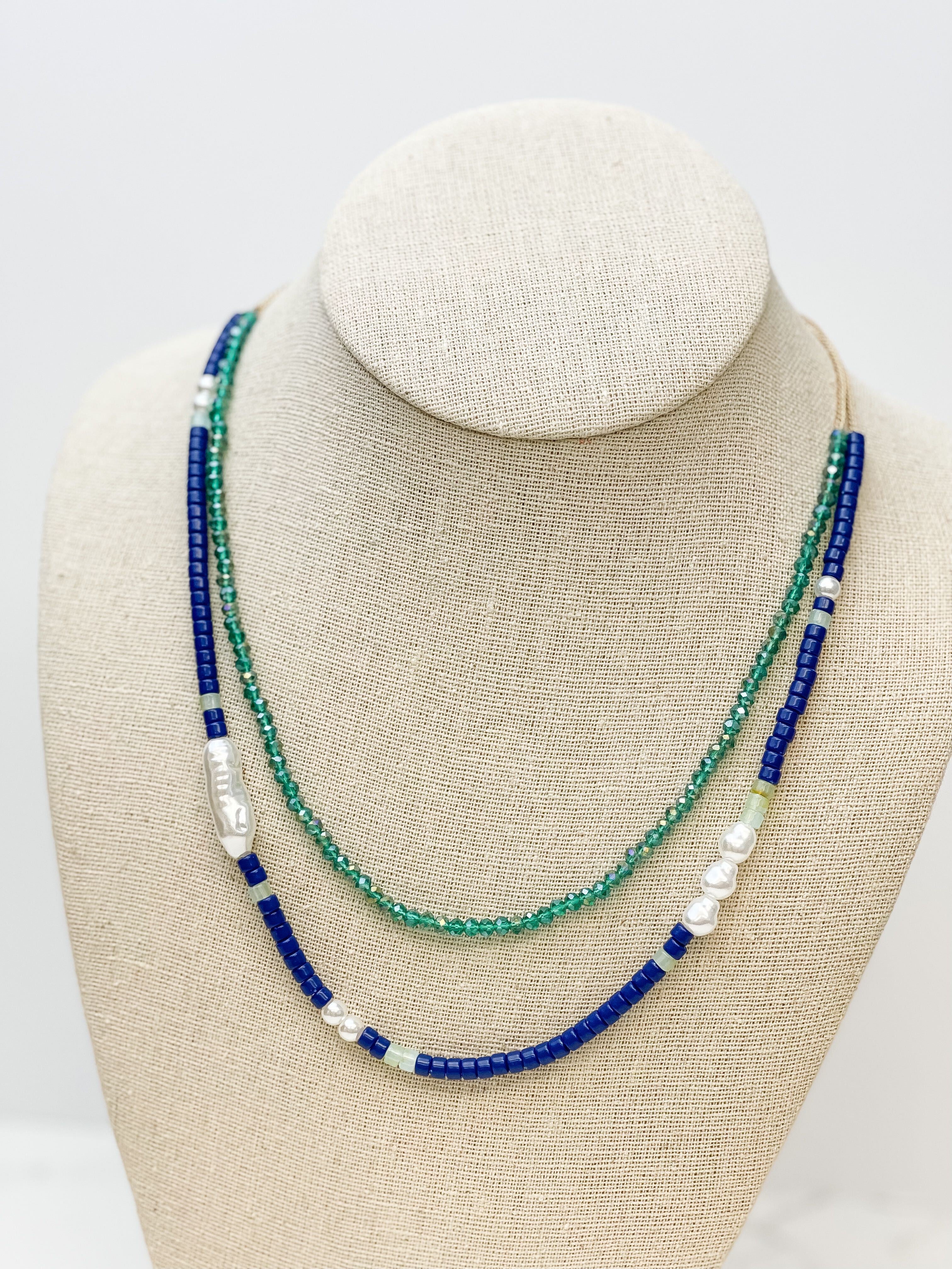 Blue Bead & Pearl Dual Layer Necklace