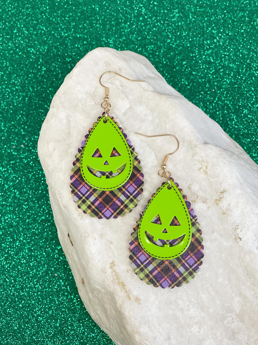 Layered Plaid Teardrop Dangle Earrings - Neon Green