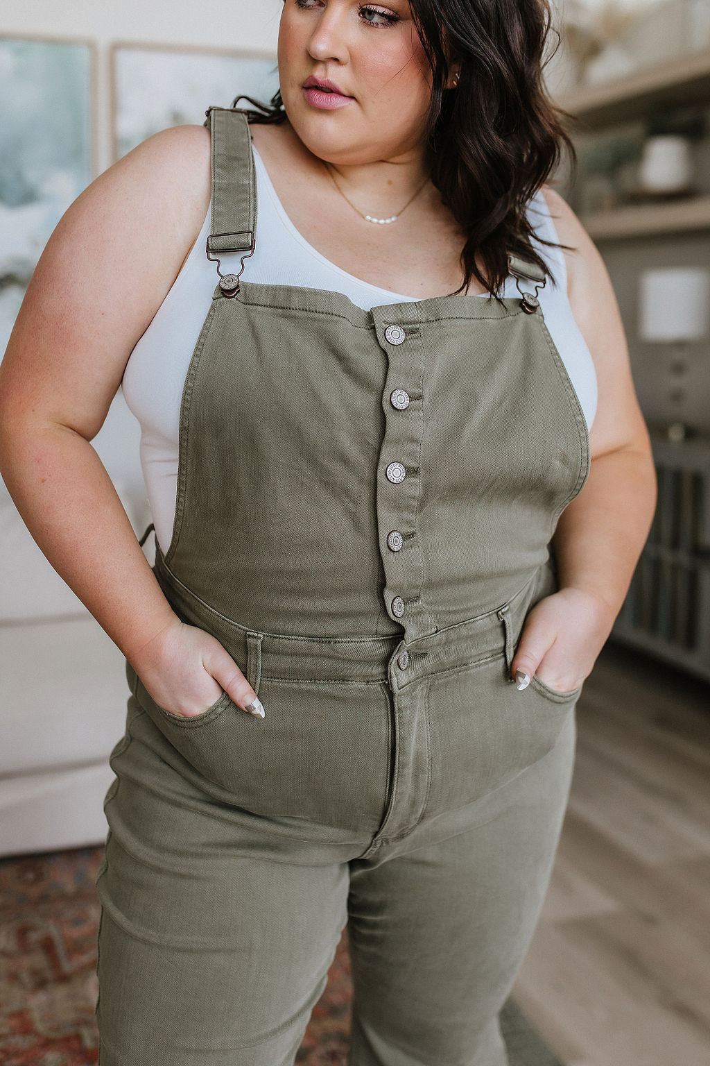 Olivia Control Top Release Hem Overalls in Olive by Judy Blue