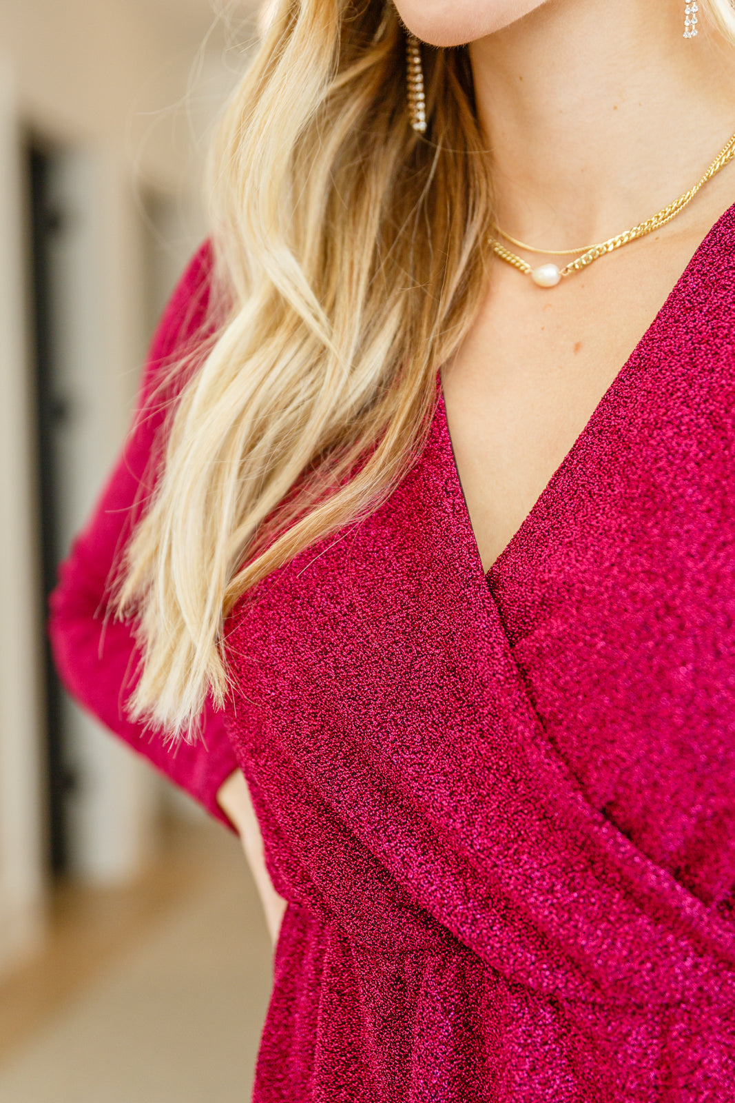 Only You Surplice Neck Sparkle Knit Dress In Magenta (Ships in 1-2 Weeks)
