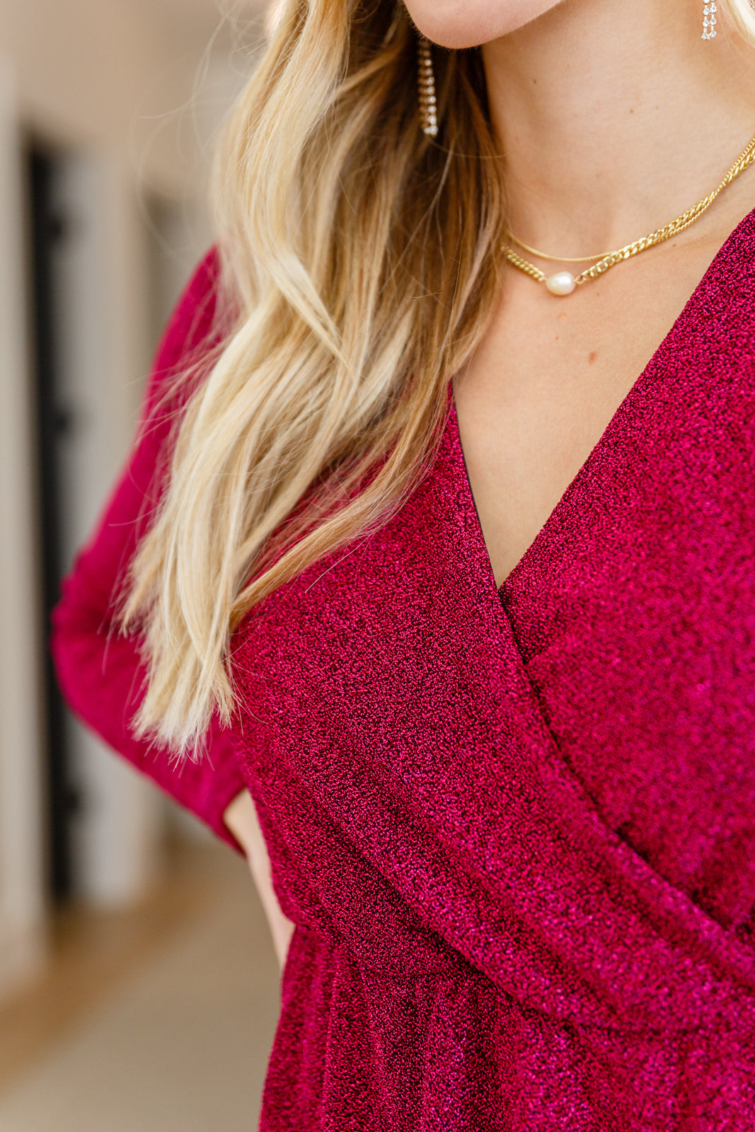 Only You Surplice Neck Sparkle Knit Dress In Magenta (Ships in 1-2 Weeks)