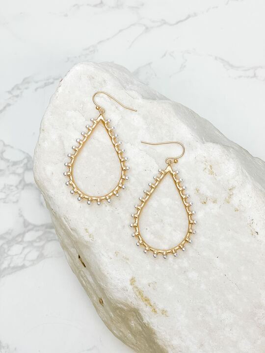 Pearl Studded Oval Dangle Earrings - Gold
