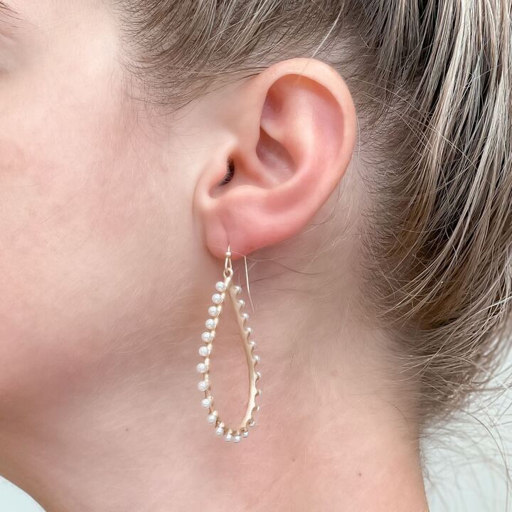 Pearl Studded Oval Dangle Earrings - Gold