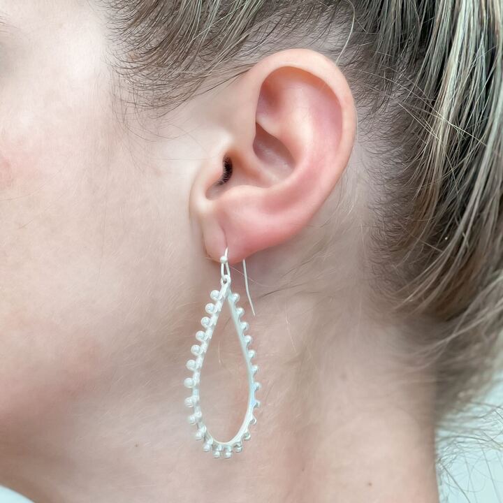 Pearl Studded Oval Dangle Earrings - Silver