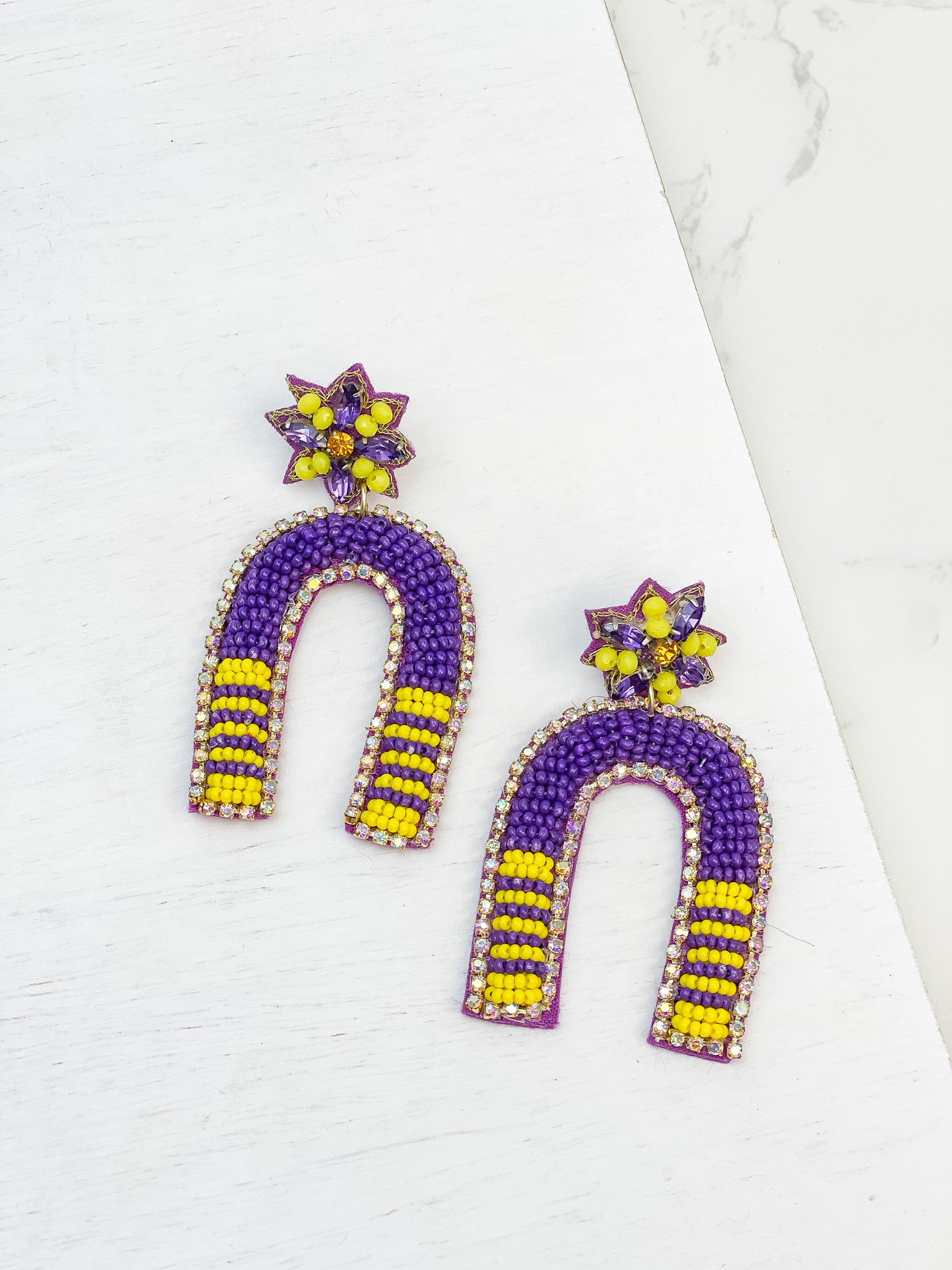 Game Day Beaded Arch Dangle Earrings - Purple & Yellow