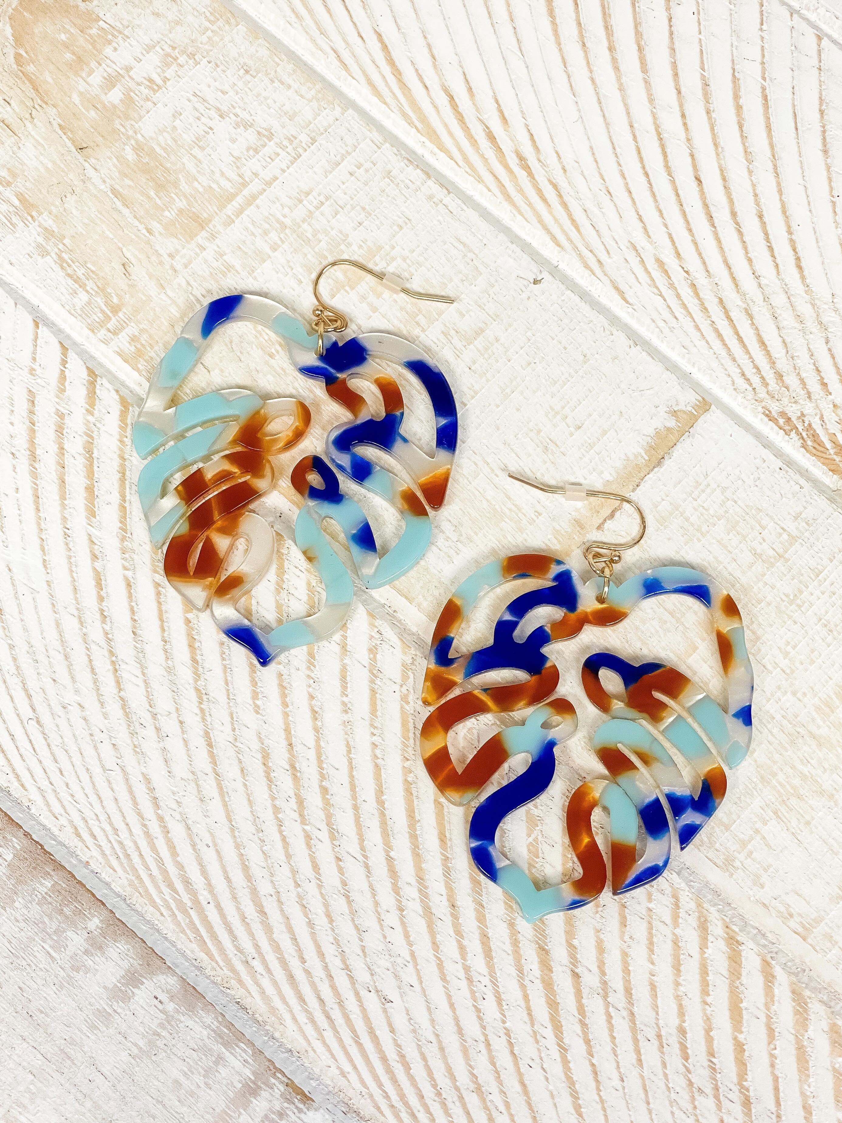 Acrylic Palm Leaf Dangle Earrings - Blue Multi