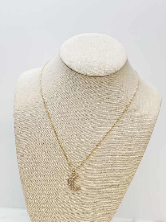 Pave Crescent Moon Pendant Necklace - Gold