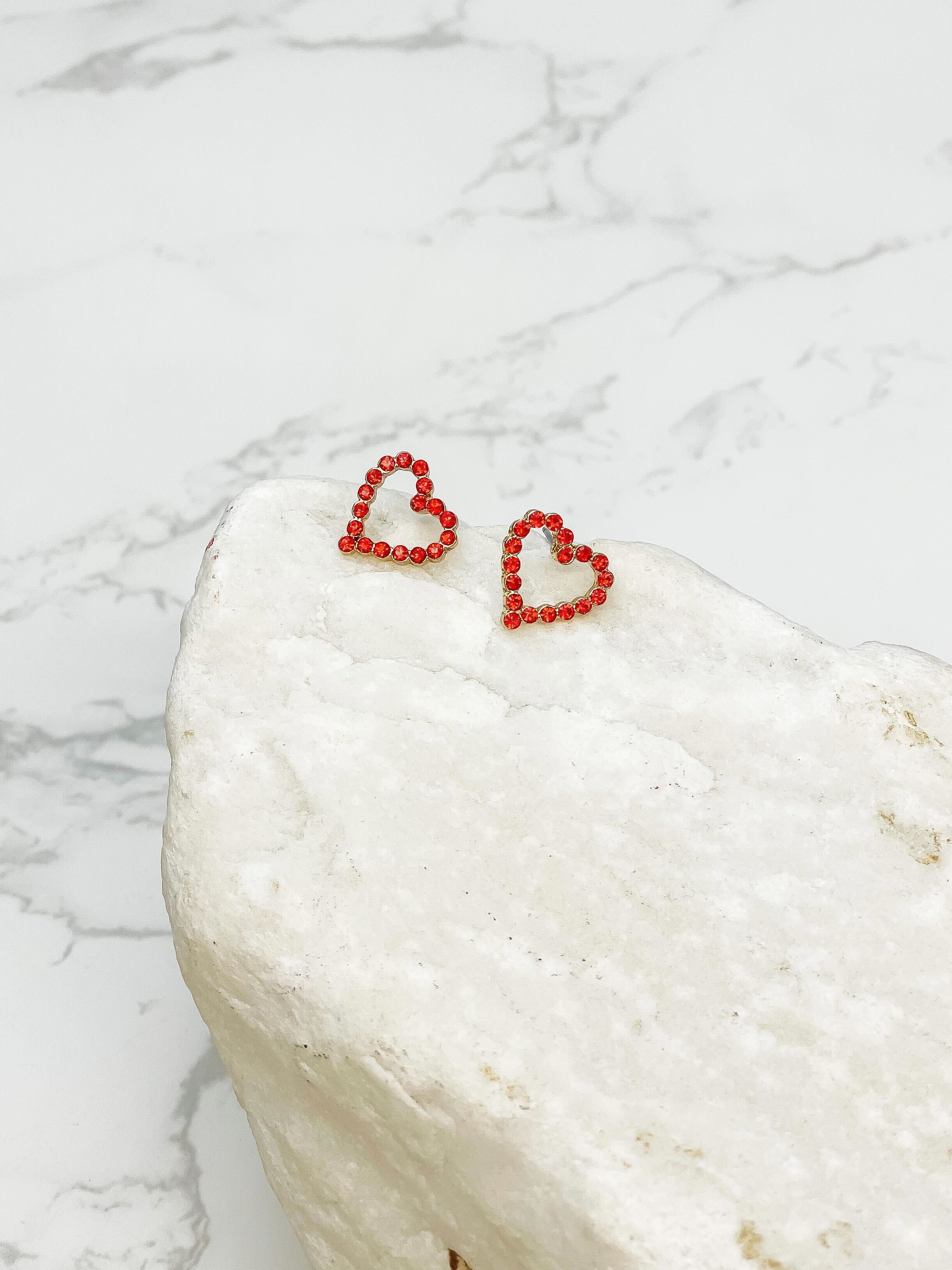 Pave Heart Stud Earrings - Red