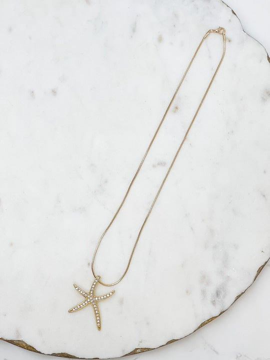 Rhinestone Starfish Pendant Necklace - Gold
