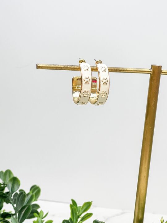 Paw Pattern Enamel Hoop Earrings - Ivory & Gold