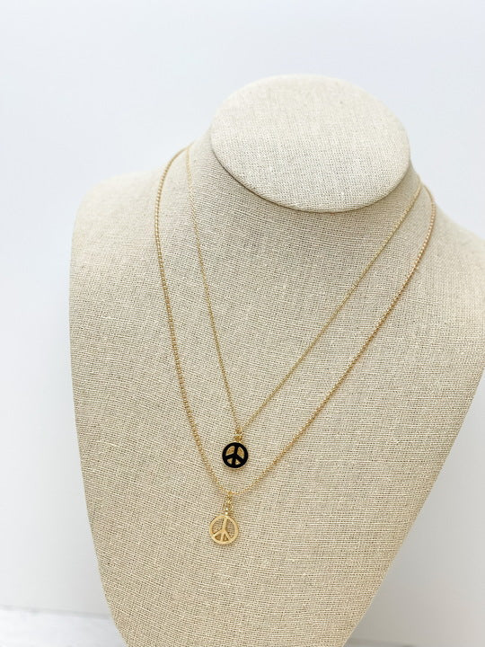 Layered Peace Sign Chain Necklace - Jet