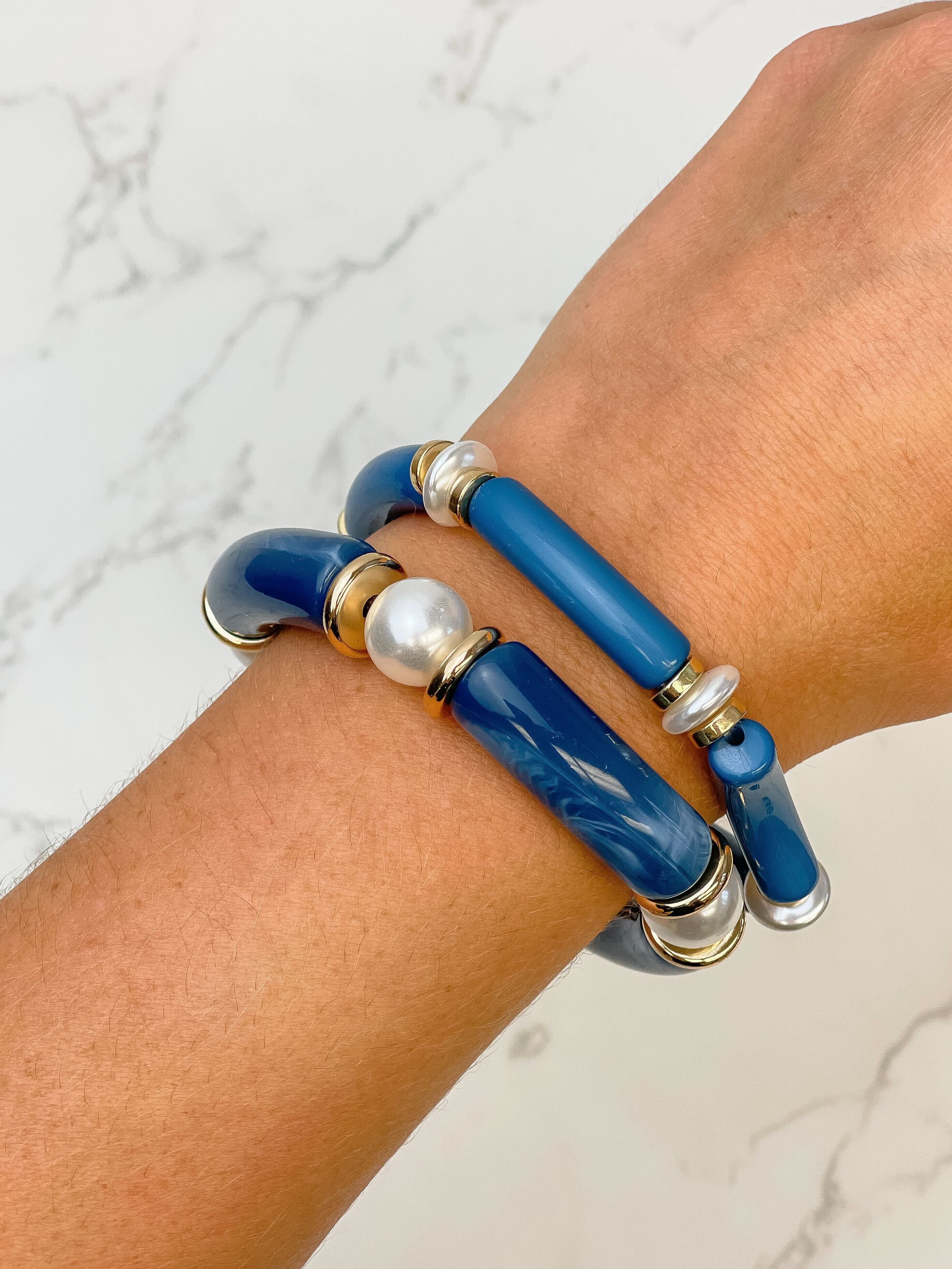 Acrylic Pearl Tube Bracelet Set - Blue