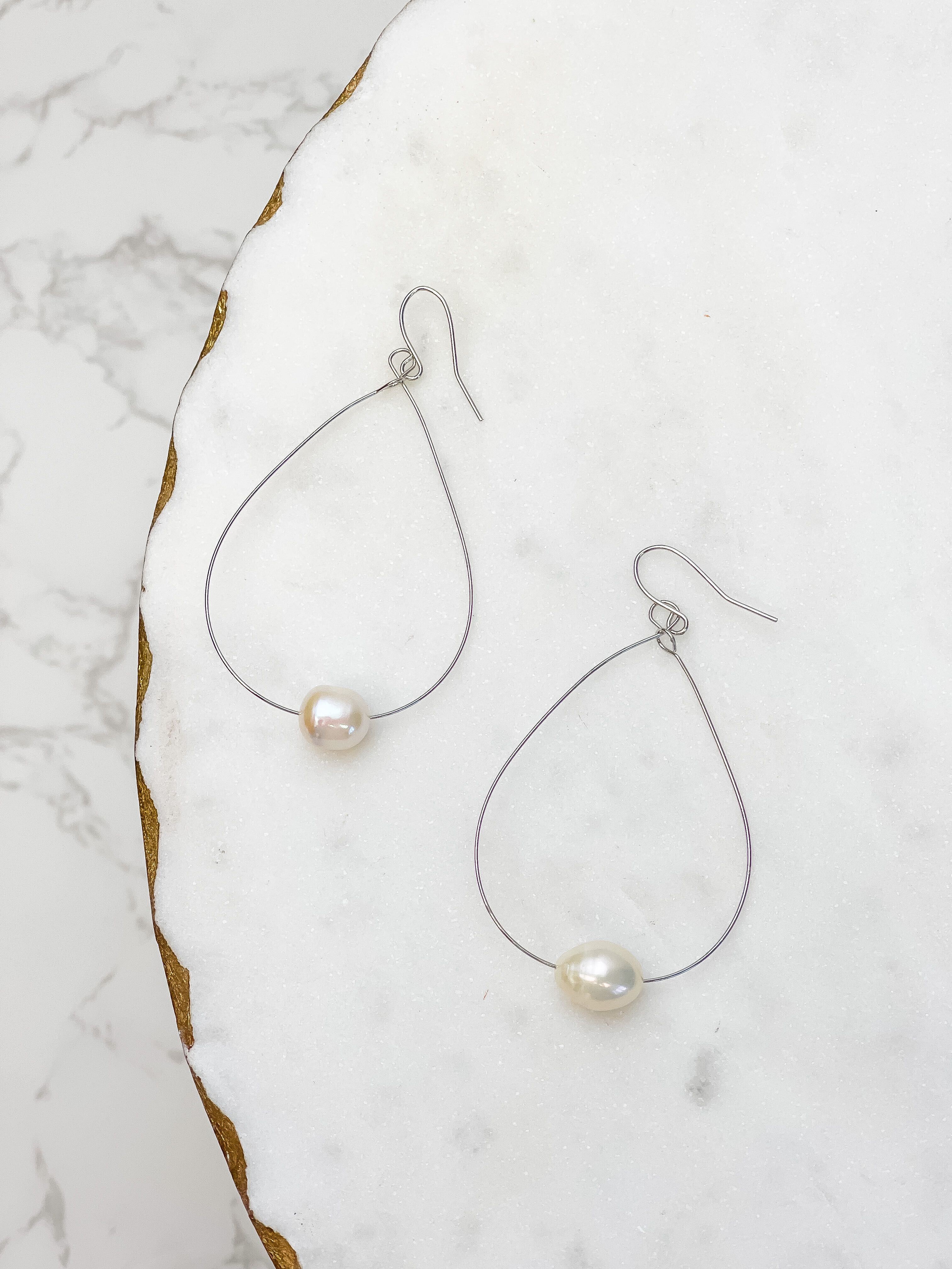 Freshwater Pearl Minimalist Oval Earrings - Silver