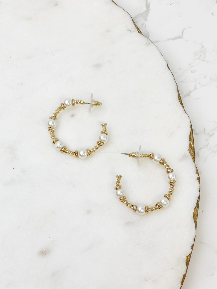 Pearl Cable Hoop Earrings - Gold