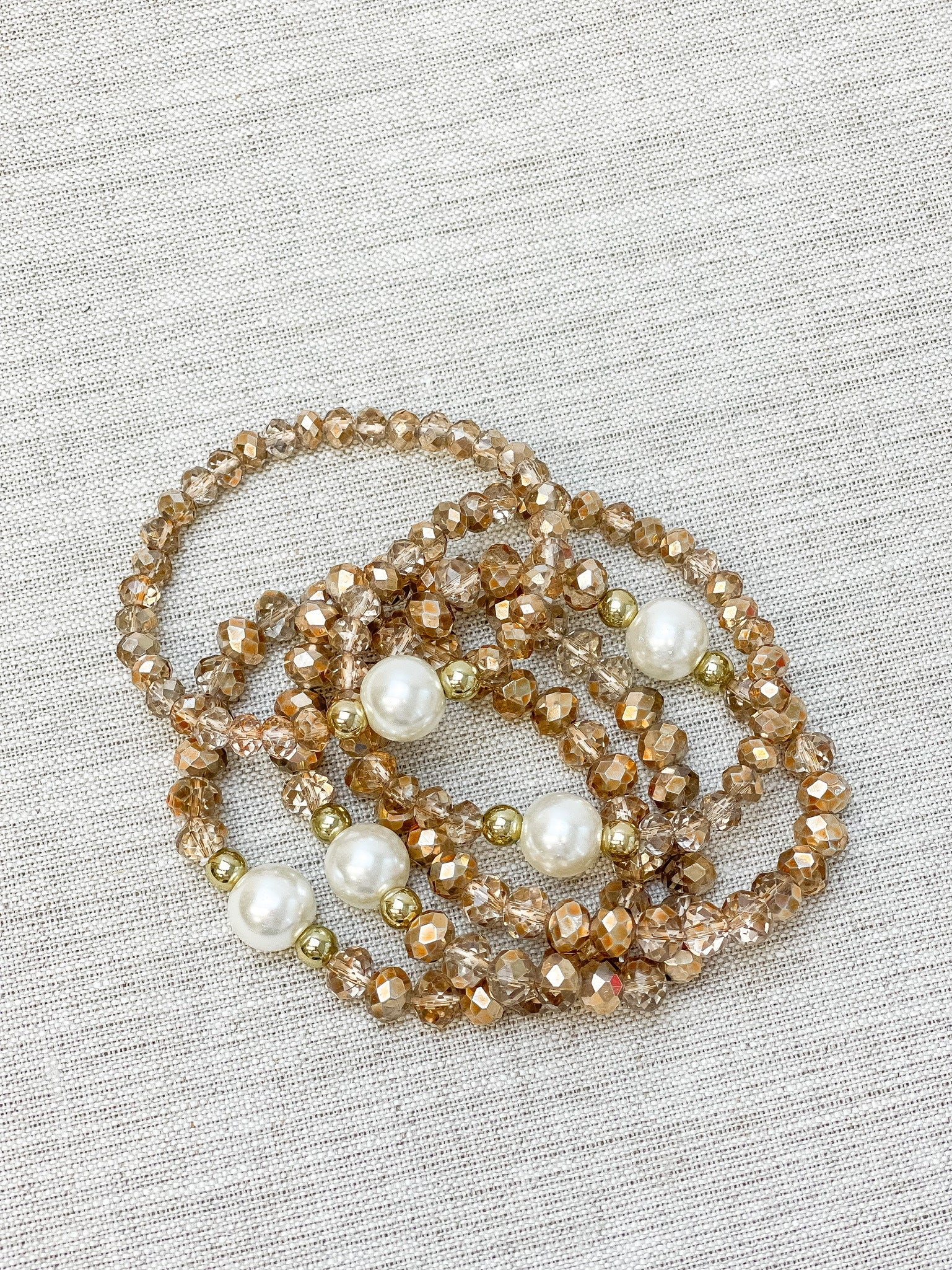 Glass Bead & Pearl Stretch Bracelet Sets - Taupe