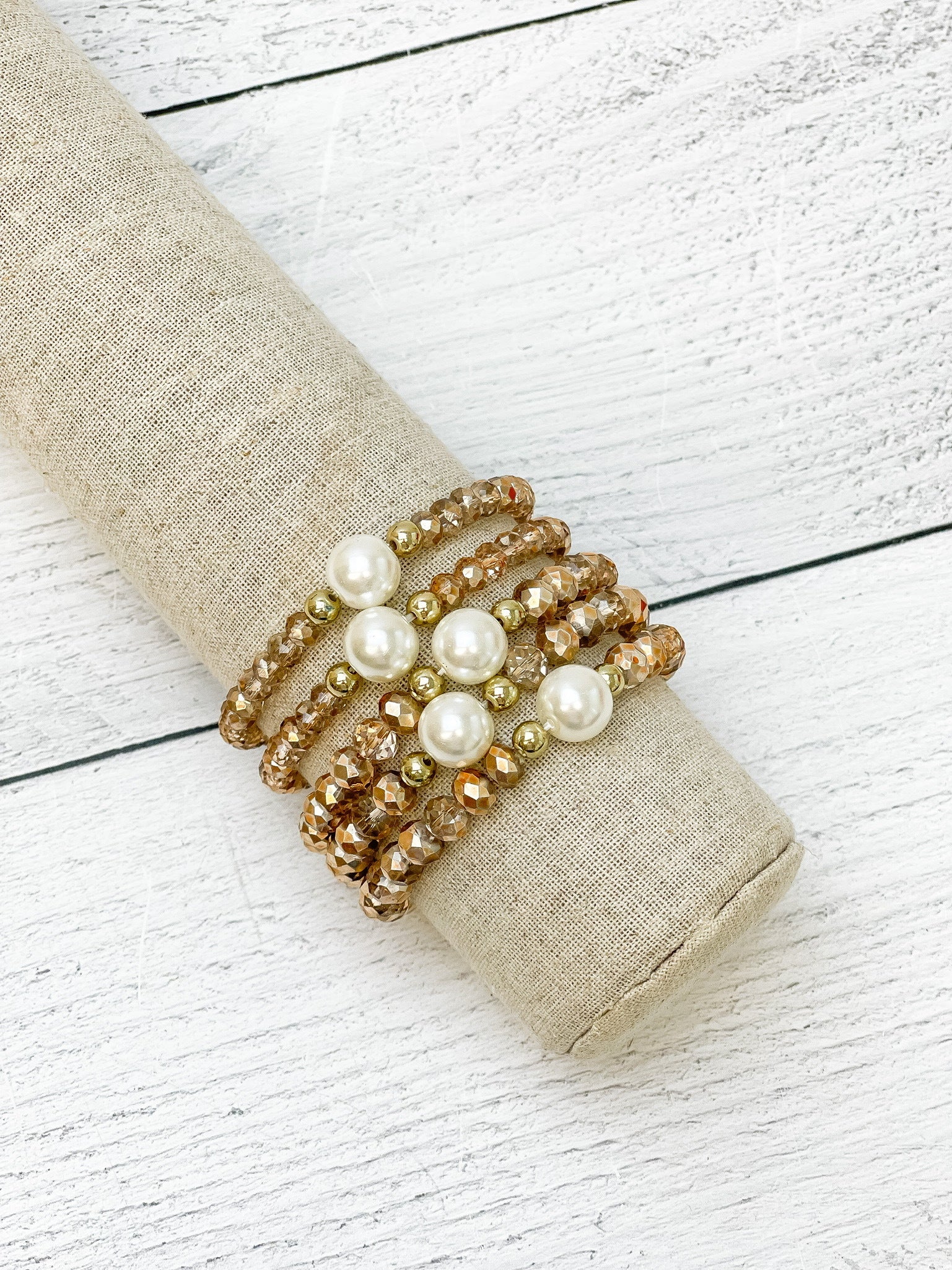 Glass Bead & Pearl Stretch Bracelet Sets - Taupe