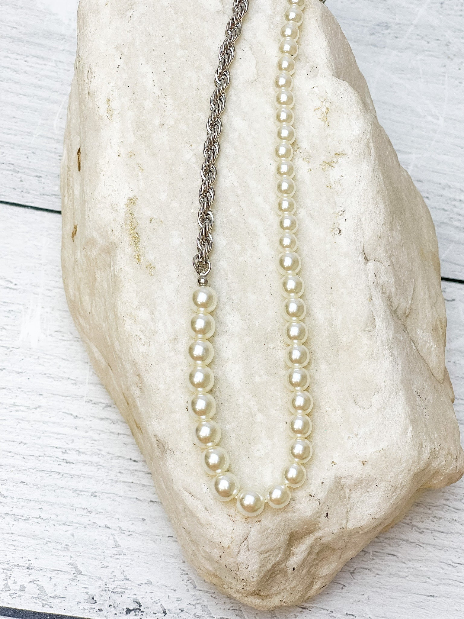 Pearl & Rope Chain Necklace - Silver