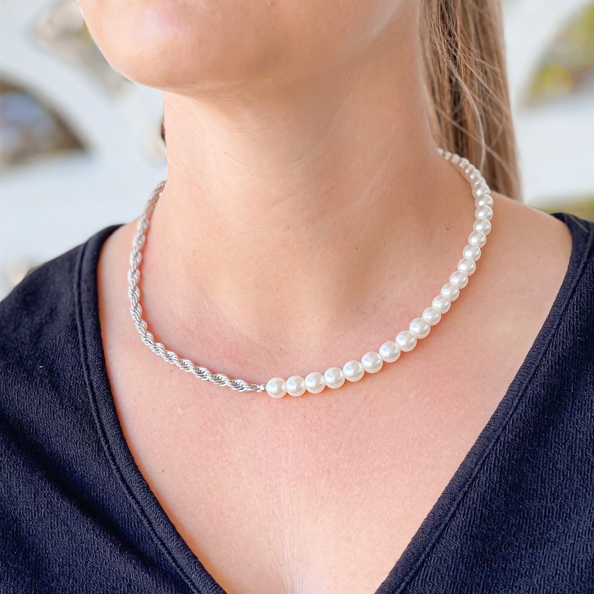 Pearl & Rope Chain Necklace - Silver
