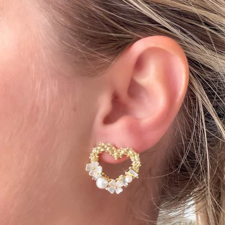 Pearl Textured Gold Heart Stud Earrings