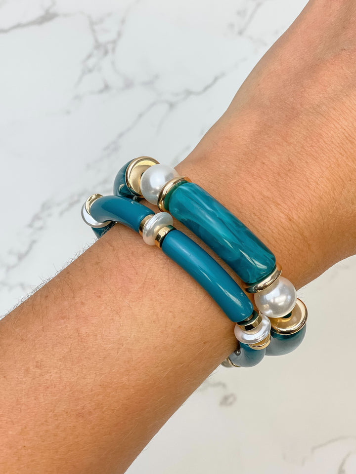 Acrylic Pearl Tube Bracelet Set - Teal