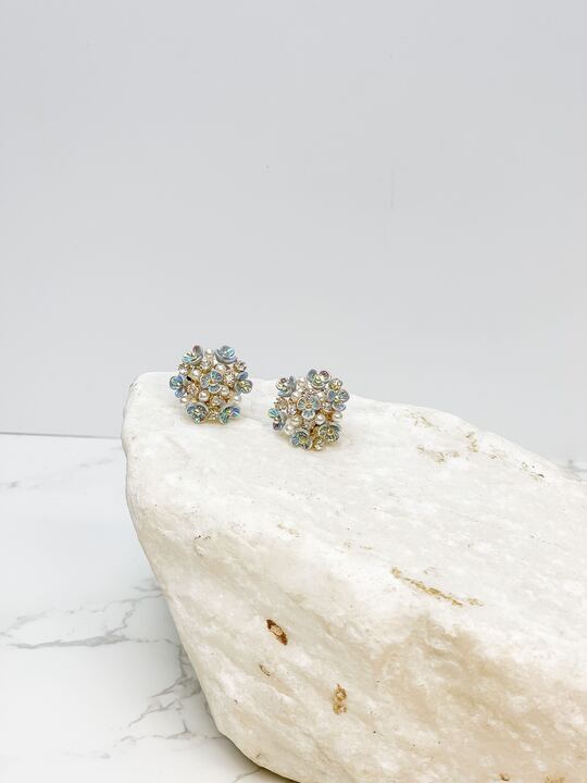 Pearl & Flower Cluster Post Earrings - Blue