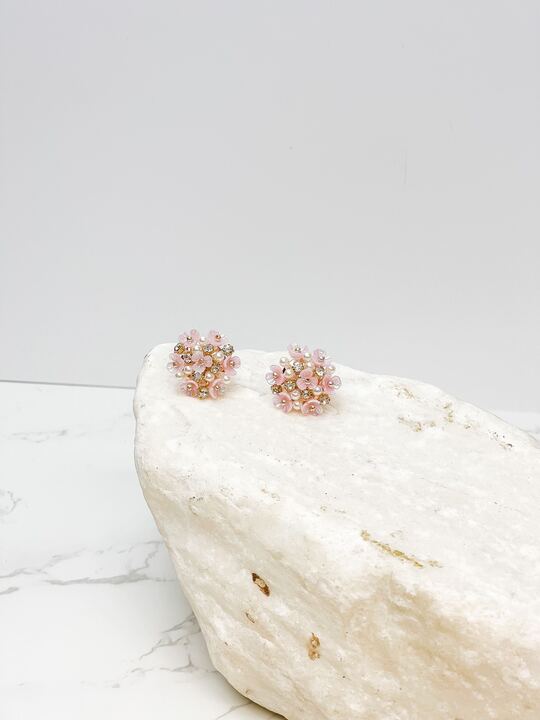 Pearl & Flower Cluster Post Earrings - Pink