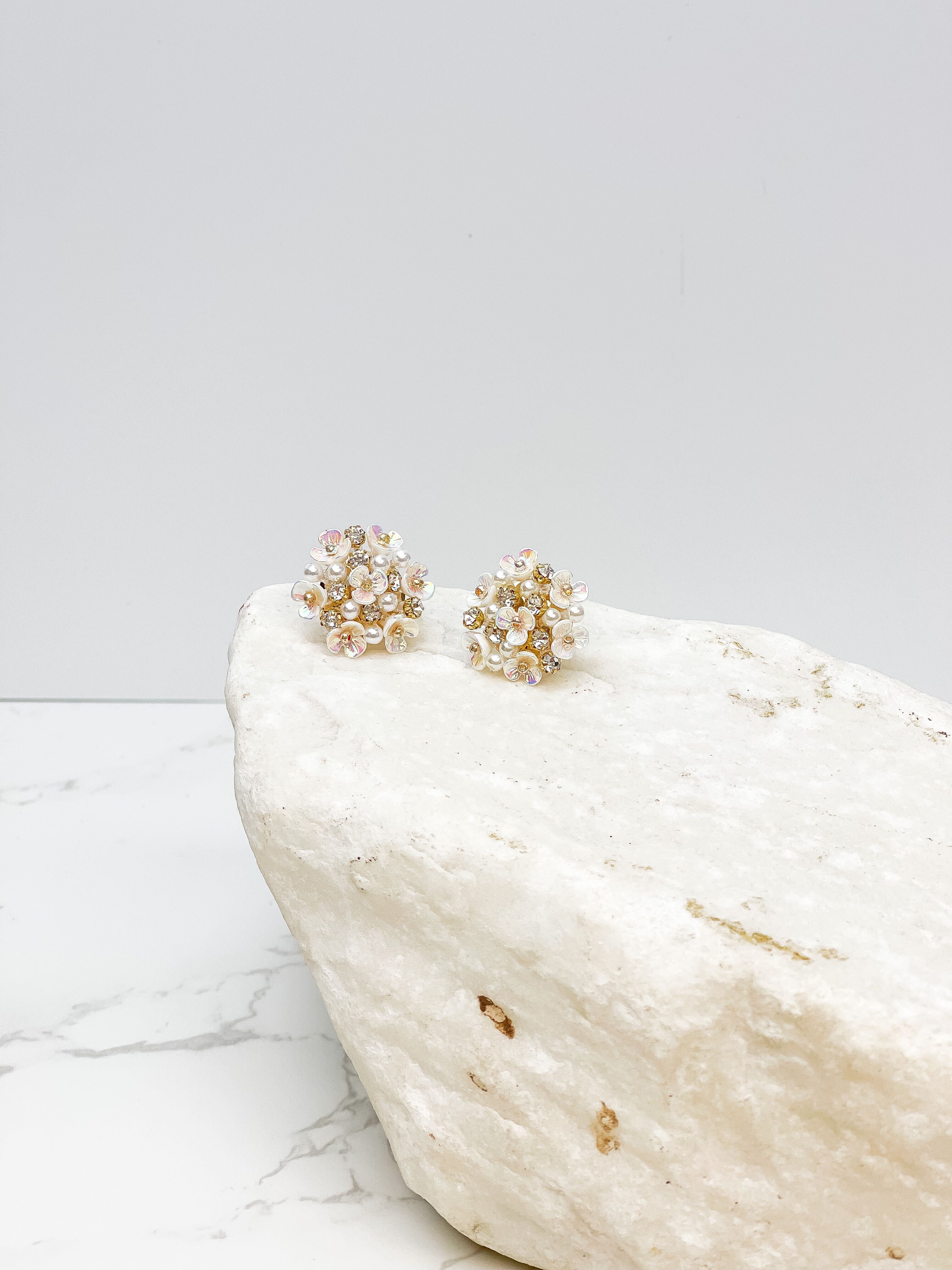 Pearl & Flower Cluster Post Earrings - White