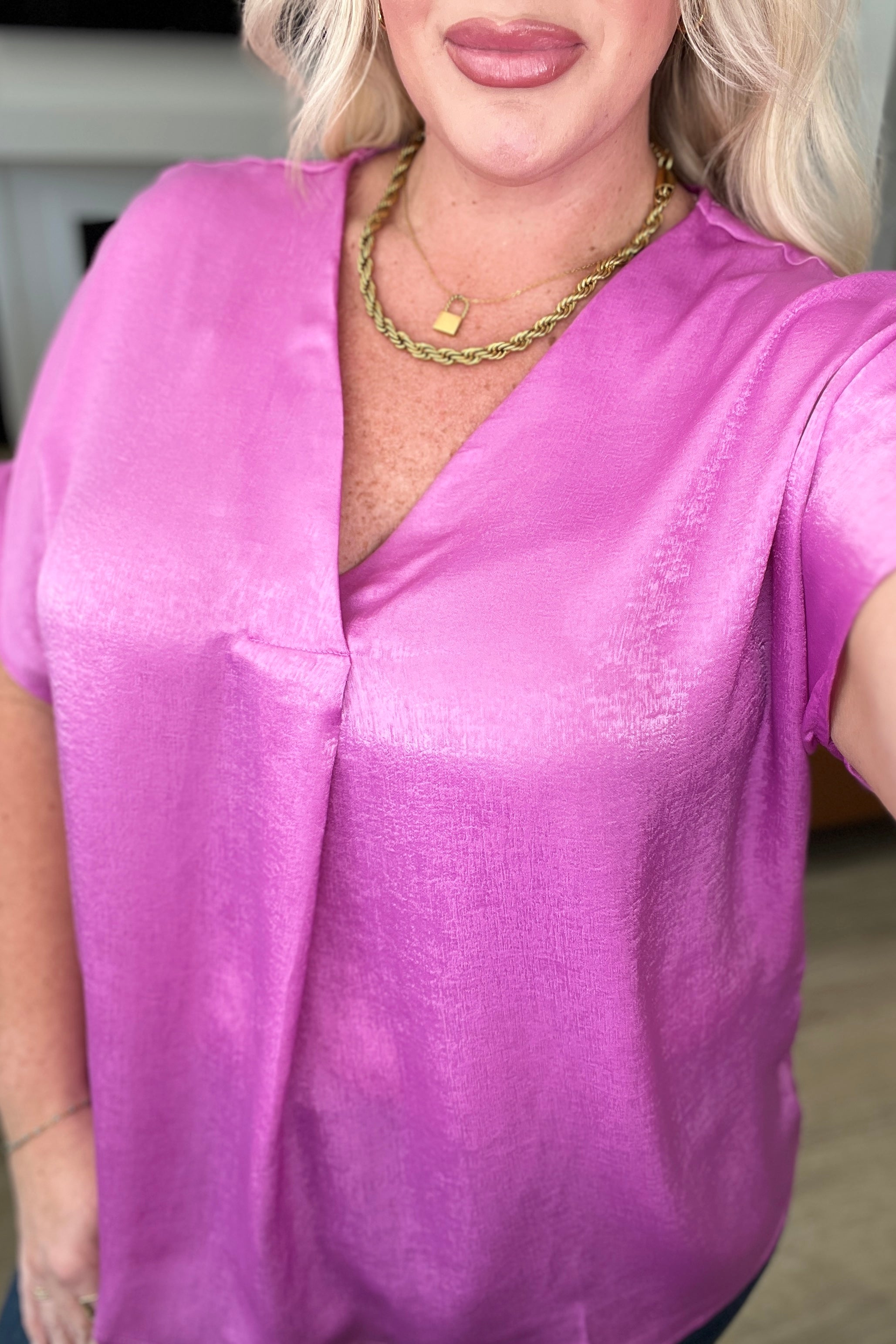DOORBUSTER: Pleat Front V-Neck Top in Spring Orchid (Ships in 1-2 Weeks)