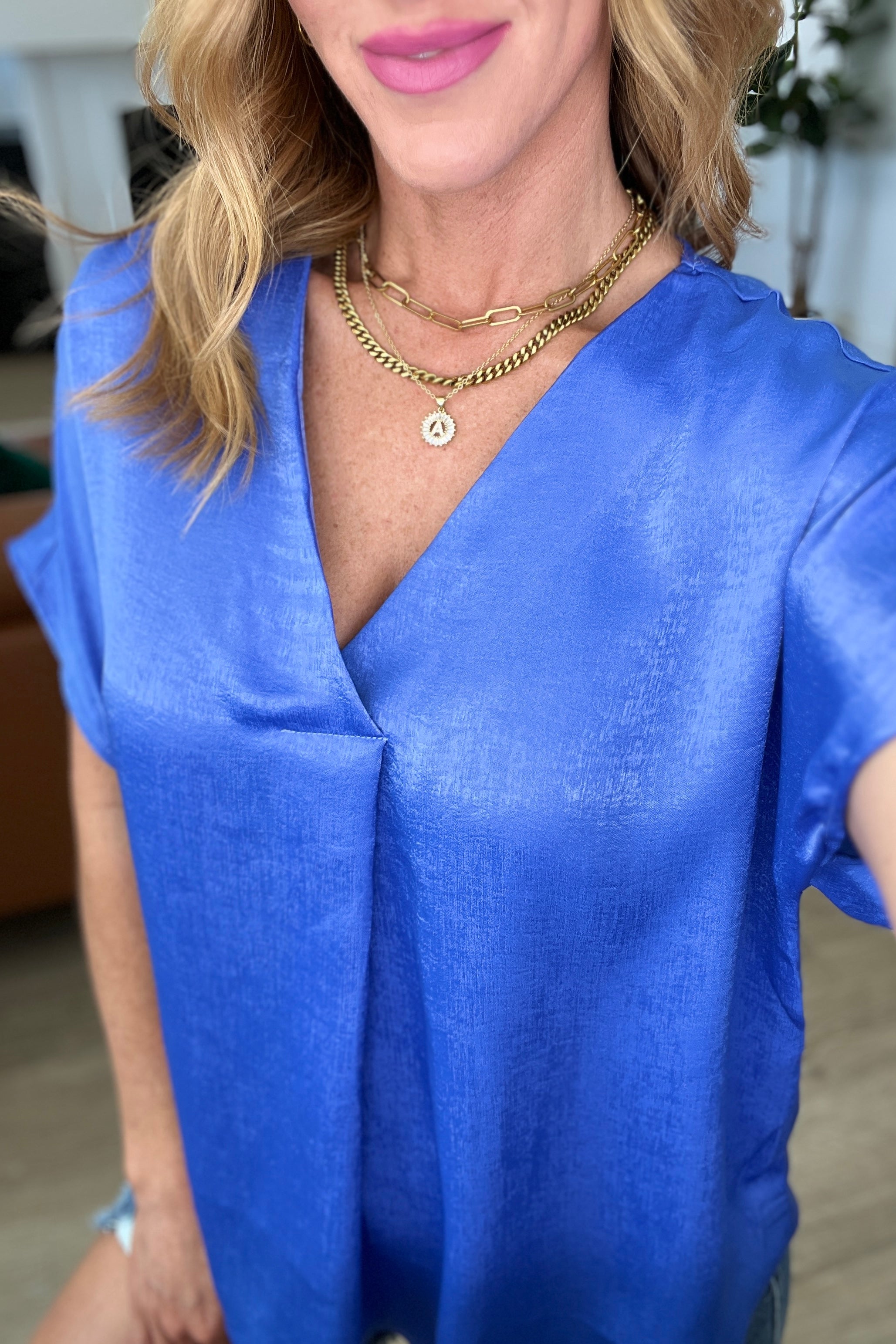 DOORBUSTER: Pleat Front V-Neck Top in Royal Blue (Ships in 1-2 Weeks)