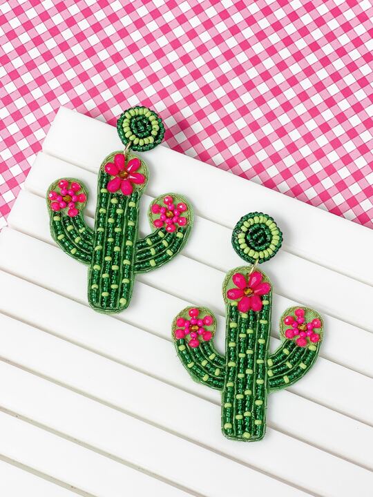 Pink Flower Cactus Beaded Dangle Earrings