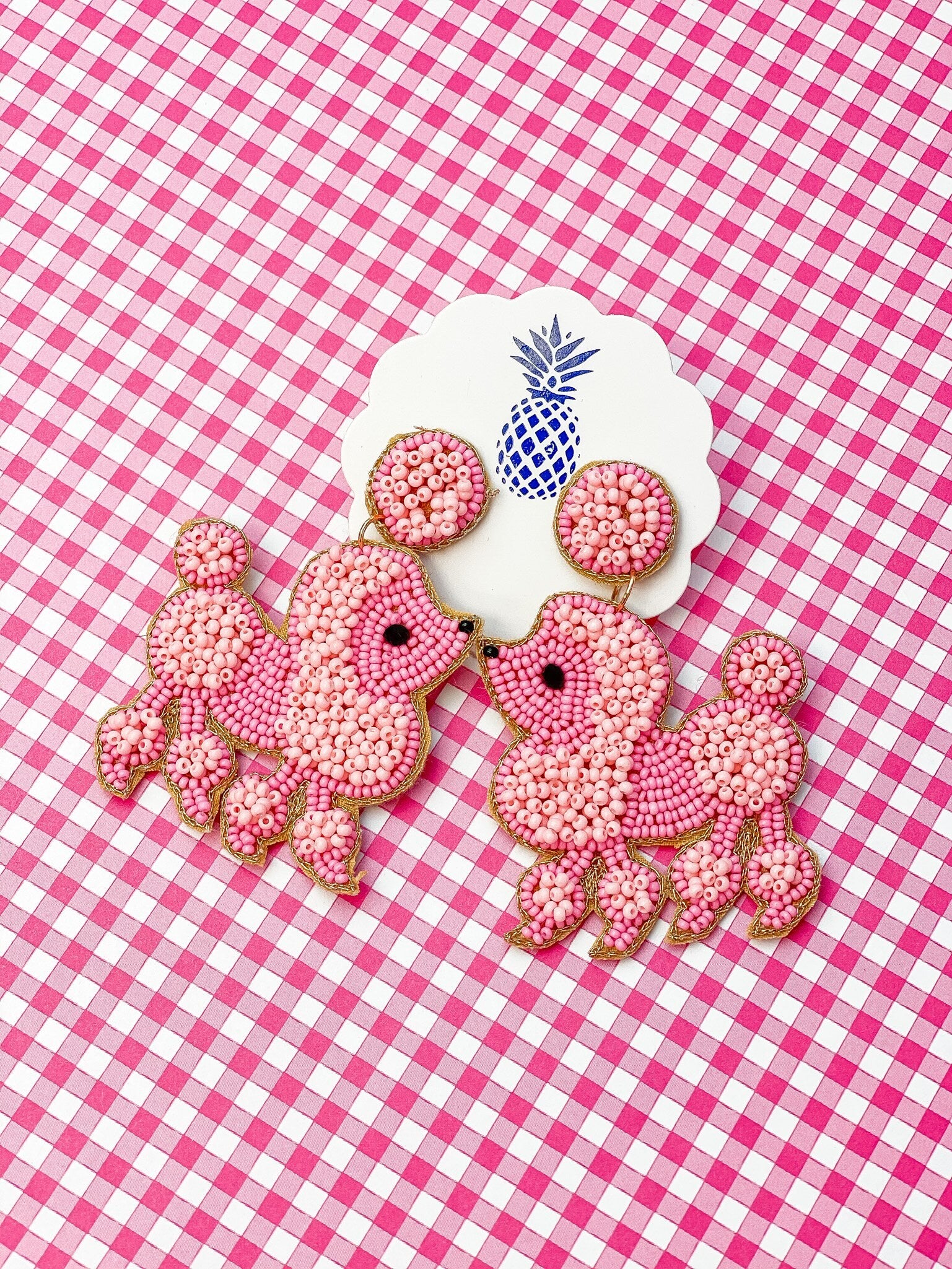 Poodle Seed Bead Dangle Earrings - Pink